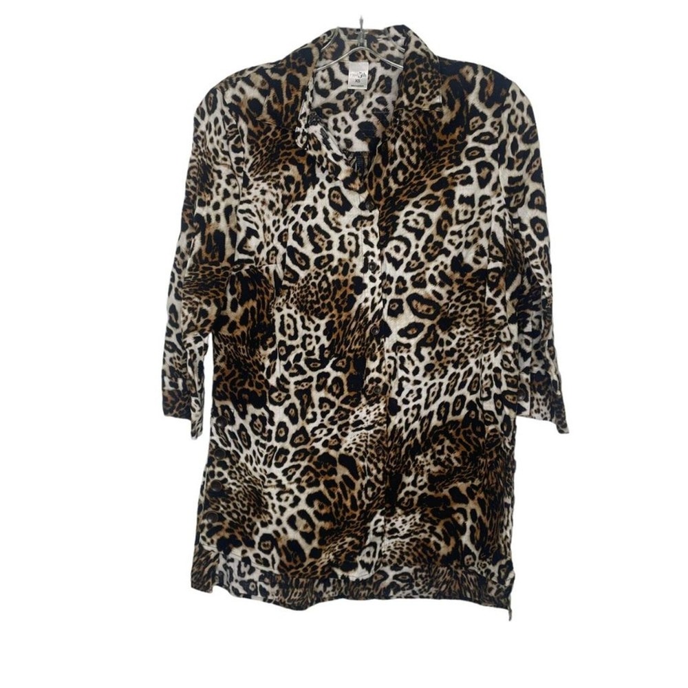 East 5th Leopard Print Button Up Tunic Top Brown Black XS 3/4 Sleeve